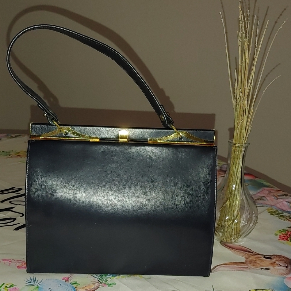 Vintage Blue and Gold Shoulder Bag with Classic Design